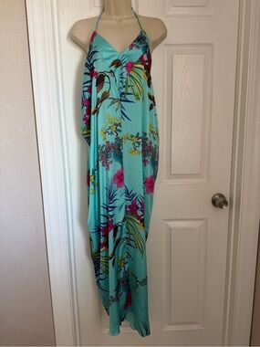 The Vanity Room Aqua Tropical Floral Maxi Halter Dress